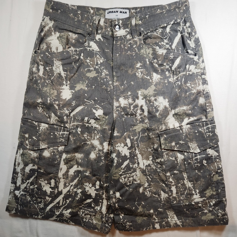 Urban Man Paint Splatter Camo Cargo Shorts Mens 30 Grey Olive Streetwear Utility
